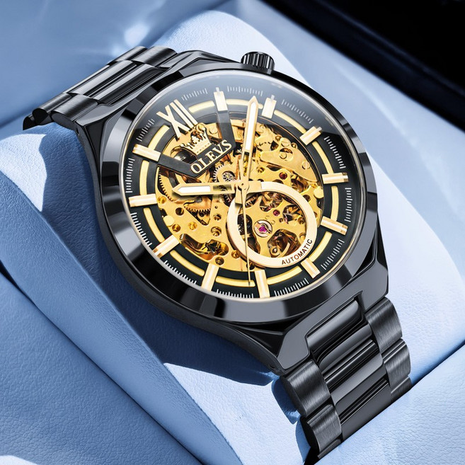 OLEVS 남자손목시계 자동 기계식 명품 럭셔리 야광 워터프루프 투조 메탈 남성시계