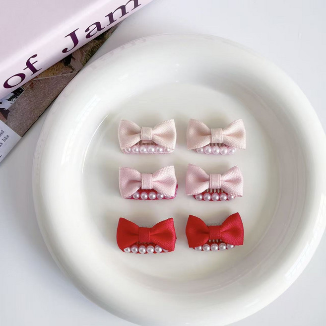 강아지 머리핀 똑딱핀 미간핀 초미니 진주 리본핀 1+1세트, 연핑크, 1세트
