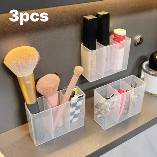 다용도 무타공 접착식 미니 플라스틱 3칸 분할 수납함 소품 정리함 3P 세트, 1세트, 반투명