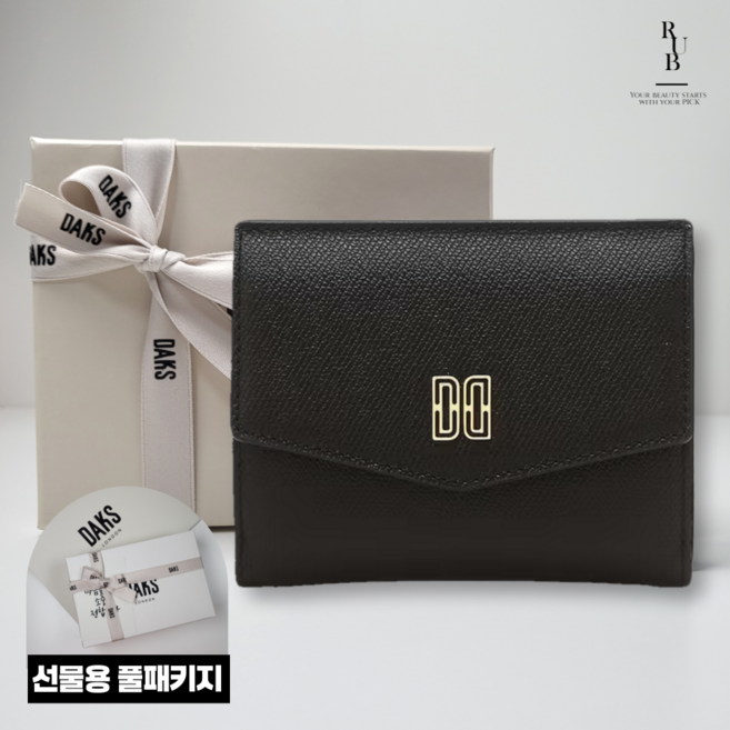 닥스 여성 블랙 DD로고 소가죽 반지갑 선물용 풀패키지