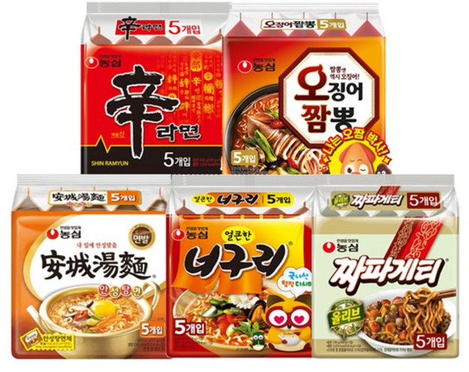 신라면 5입 + 안성탕면 5입 + 너구리 5입 + 짜파게티 5입 + 오징어짬뽕 5입 (총25봉), 1개
