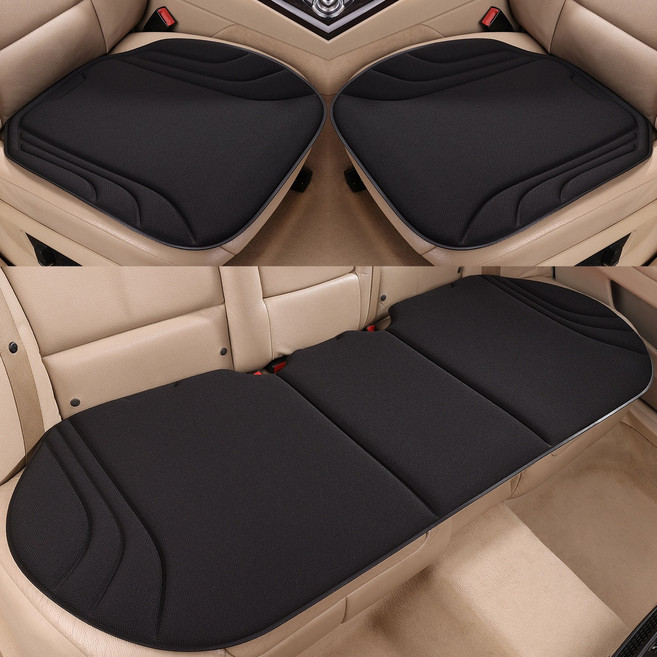 四季通用座墊 海藻纖維乳膠記憶棉汽車坐墊 熱壓一體成型三件套防滑, 1個, 星耀黑（全車5座三件套）:加厚高回彈