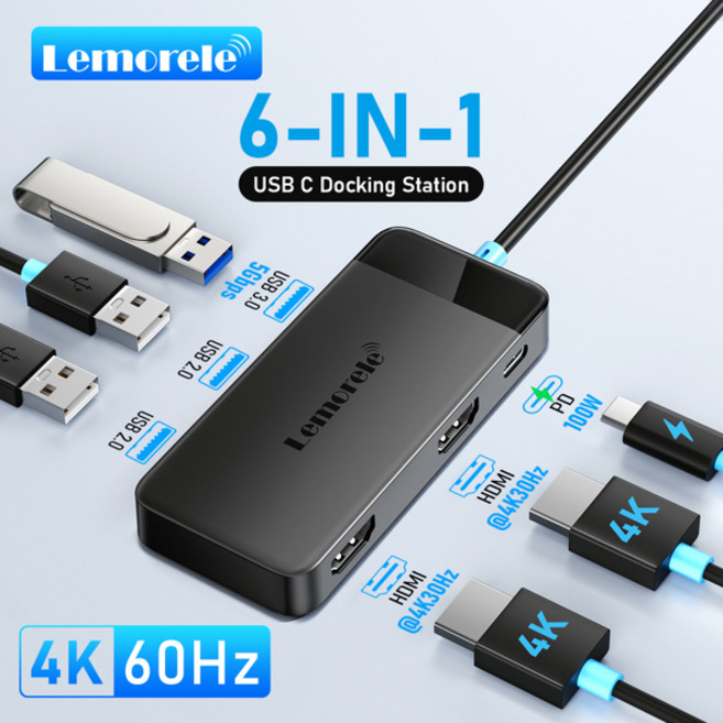 레모렐 6-in-1 USB C 허브 4K 도킹 스테이션 듀얼 HDMI DP 4K 노트북 맥북 델 HP 100W PD USB 3.0 멀티 모니터 어댑터, [01] 옵션1