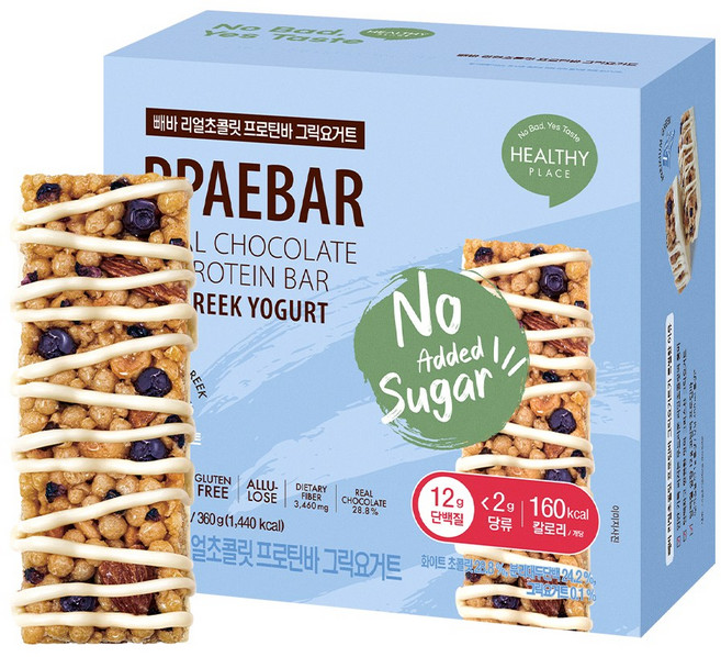 무가당 설탕X 빼바 리얼초콜릿 프로틴바 그릭요거트, 1박스, 360g