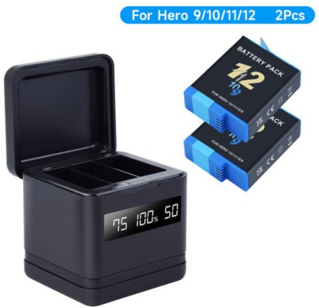 PALO AHDBT901 카메라 배터리 LCD USB 3 가지 방식 충전 박스 고프로 히어로 9 10 11 12 스포츠 카메라용 2000mAh, 2 Battery 1 Charger