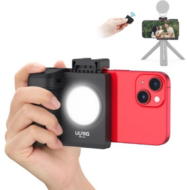 UURIG PH-14 스마트폰 카메라 셔터 핸들 그립 분리형 무선 블루투스 리모컨 iPhone Samsung Google OnePlus 휴대폰 비디오/사진 촬영용 3단