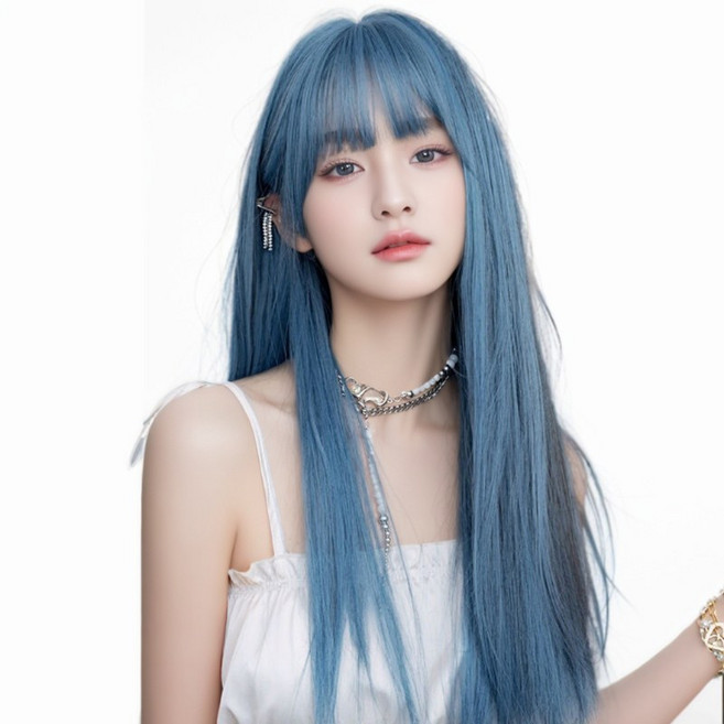KIRABI 여성 통가발 블루 긴머리 스트레이트 가발 코스프레 자연스러운 컬러 61cm, 통가발: KPE-0339, 인어블루, 1개