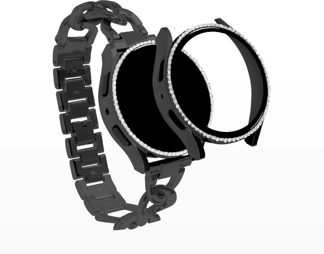 티엑스엘엑스 갤럭시워치 체인 메탈 스트랩 + 큐빅 풀커버 케이스 세트, 블랙