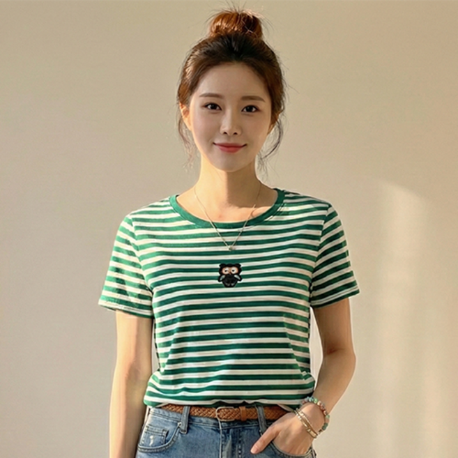데일로엔 여성 스트라이프 라운드 넥 반팔 데일리 캐릭터 자수 티셔츠