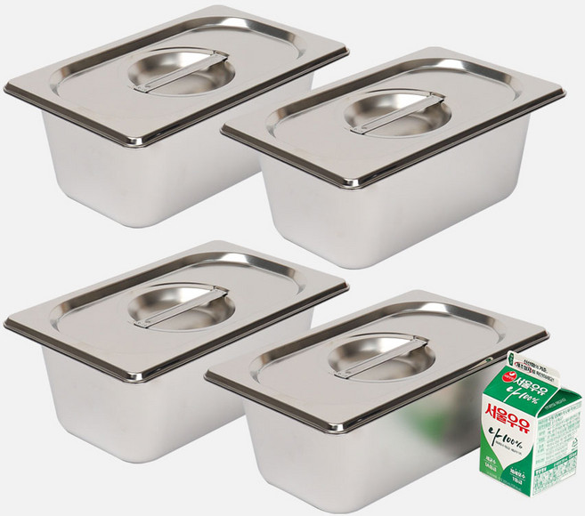 강화 스텐 사각 밧드+뚜껑 세트 주방용 냉장고 반찬 바트 용기, 4세트, 4인치 몸체+뚜껑