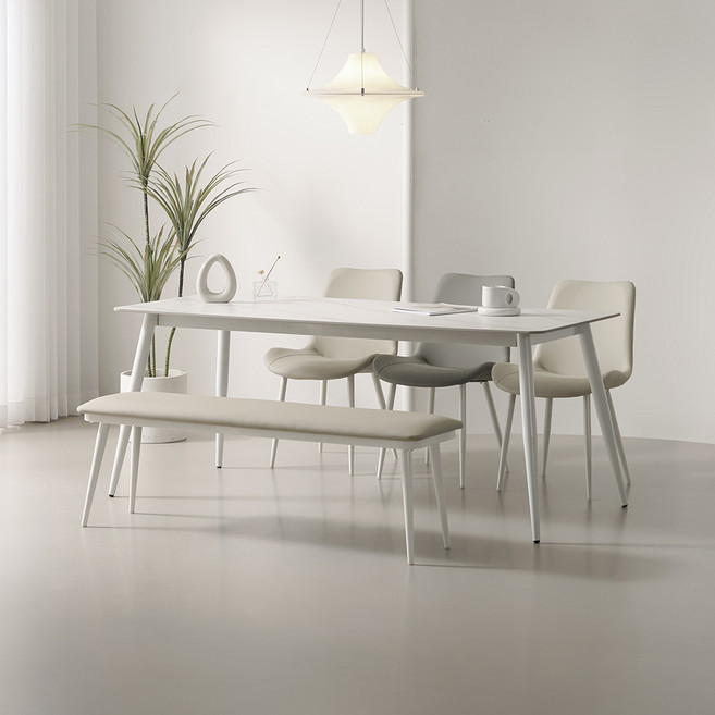 라로퍼니처 폴로 1800 포세린 통 세라믹 6인 식탁 세트 (식탁+의자3+벤치1), 화이트, 아이보리 1+그레이 2+벤치 1