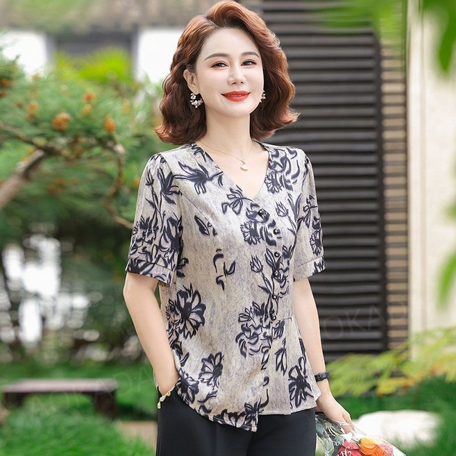 AOKADA 중년 여성 루즈핏 브이넥 플라워 프린팅 언밸 플리츠 블라우스