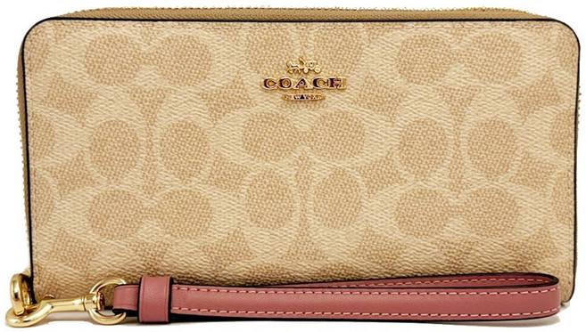 COACH 經典Signature PVC 滿版C Logo 壓紋 圓長夾 附手掛繩 裸粉色