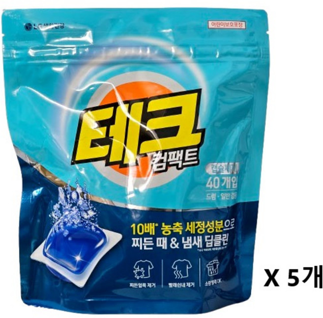테크 컴팩트 캡슐세제 드럼 일반 겸용 간편세제 찌든때 냄새딥클린, 5개, 40개입