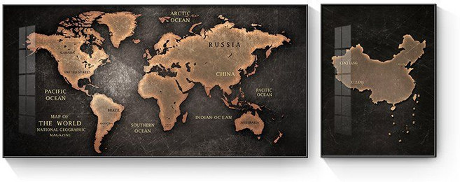 빈티지 세계지도 액자 분위기 있는 거실 배경 벽 장식 서재 사무실 디프틱, 140x70+50x70cm-도자기/금화