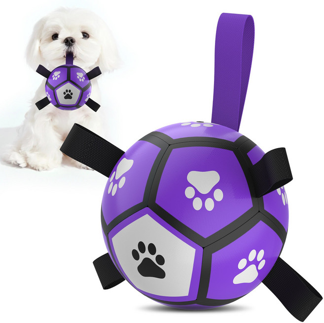Qdan 강아지 장난감 공 축구공 끈 달린 펌프 포함 내구성 가죽, 1개, 보라색