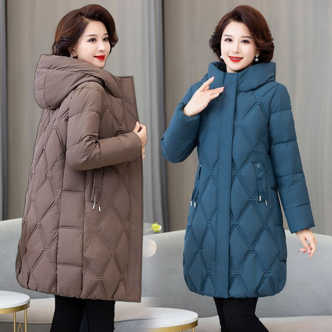 중년여성 롱패딩 아가일 도톰 웰론 롱패딩 겨울패딩 엄마옷 60대70대 후드패딩 하프 코트