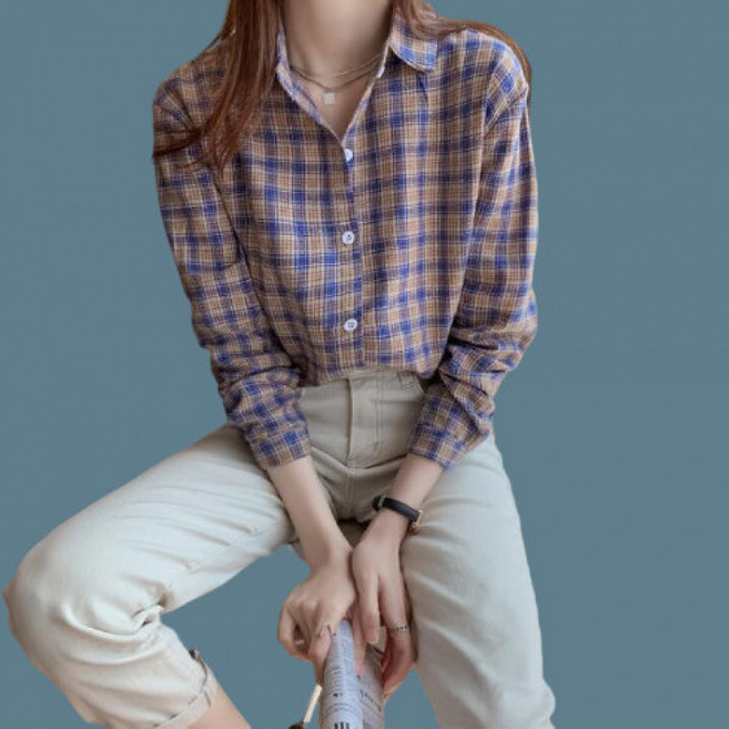 COSYEVNO 중년 엄마 셔츠 가을 면 체크 트렌디 캐주얼 긴팔 카디건 CXJcs-13