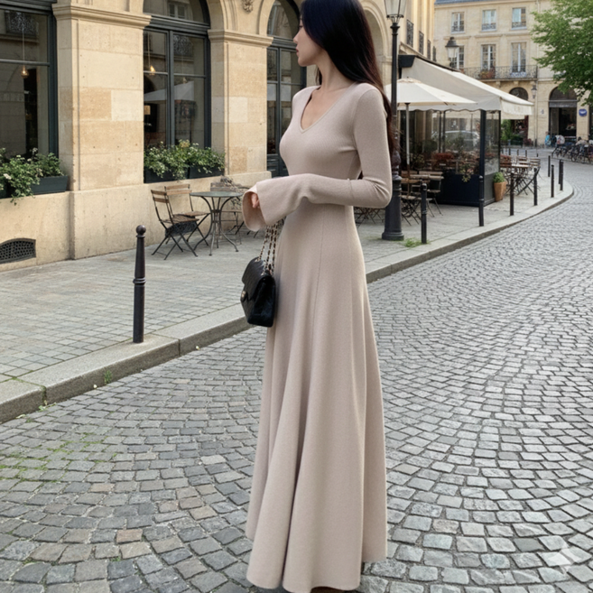 여성용 브이넥 니트 원피스 봄 가을 겨울 긴팔 슬림핏 하객룩 롱원피스