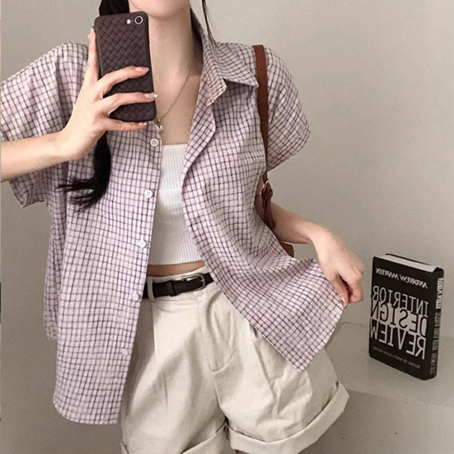 라라홀리 빈티지 걸리쉬 체크 루즈 롤업 반팔 셔츠