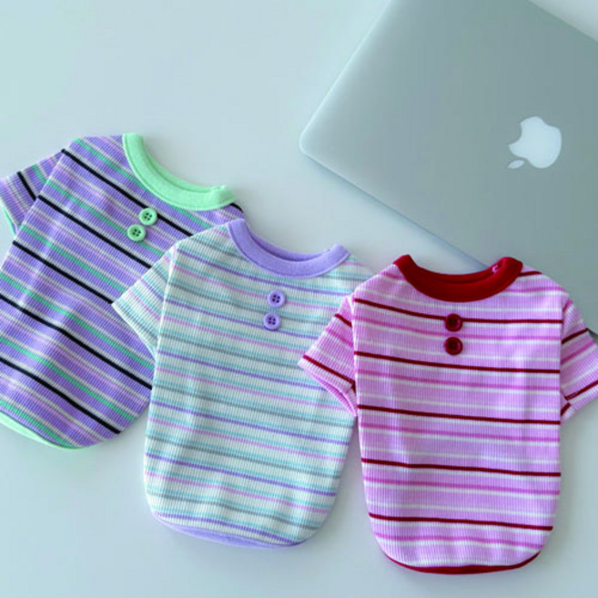 단추 티셔츠 스트라이프 강아지옷 봄옷 실내복, 퍼플단추