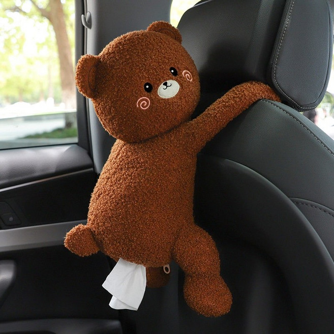 귀여운 차량용 티슈 케이스 걸이식 고양이 강아지 판다 인형, 아이쿠 브라운 티슈백