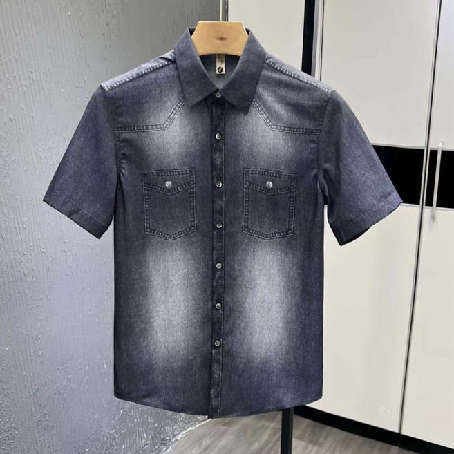 IWMAFT 남성 데님 반팔 셔츠 깔끔한 스타일 여름 캐주얼 CG549