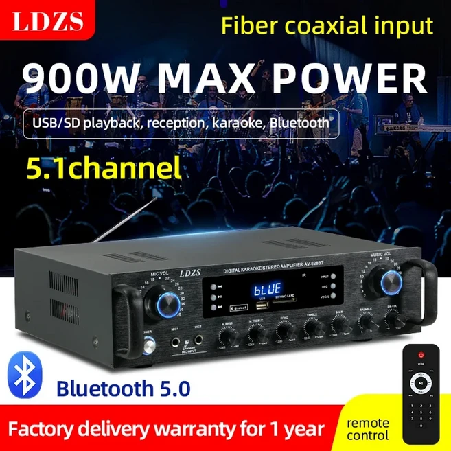 900W 블루투스 오디오 파워 앰프 HiFi 스피커 12V/220V AV 리모컨 (자동차 가정용 스퀘어 댄싱 5.1채널), 02 AV-628BT-5.1 EU Plug