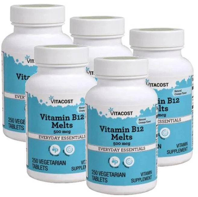 비타코스트 비타민B12 500mcg 멜트 녹여먹는 오렌지맛 타블렛 Vitacost Vitamin B-12 Melts, 5개, 250정 - 쿠팡