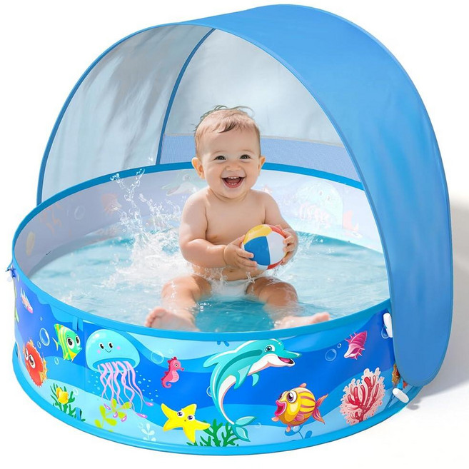 Baby Pool with Canopy Foldable Kiddie Pool with Sun Shade Pools for Toddlers Baby Beach Essentials, Blue-1