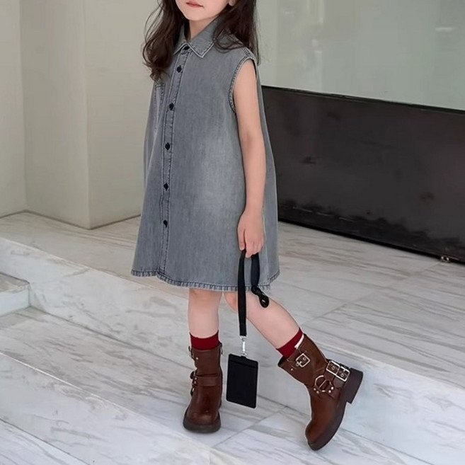 구빠방 아동 여아 캐주얼 데님 셔츠 카라 민소매 나시 원피스