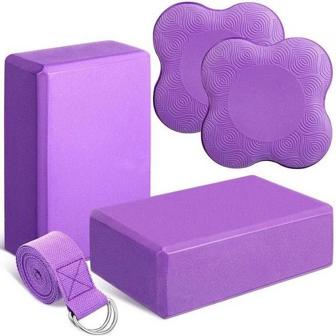 RoundFunny 5피스 요가 블록 무릎 패드 스트랩 세트 부드러운 프리미엄 폼 액세서리 필라테스 명상 일반 피트니스 안정성 무릎을 꿇고 균형 스트레칭 및 토닝(퍼플), 퍼플, 퍼플
