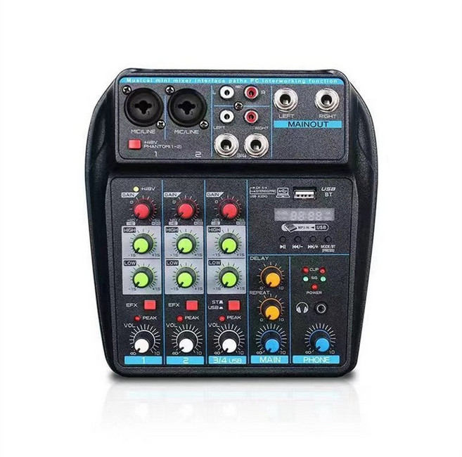 Bluetooth가있는 전문 4 채널 USB 오디오 믹서 콘솔 DJ 및 PC 믹싱 용 녹화 기능, 그림처럼