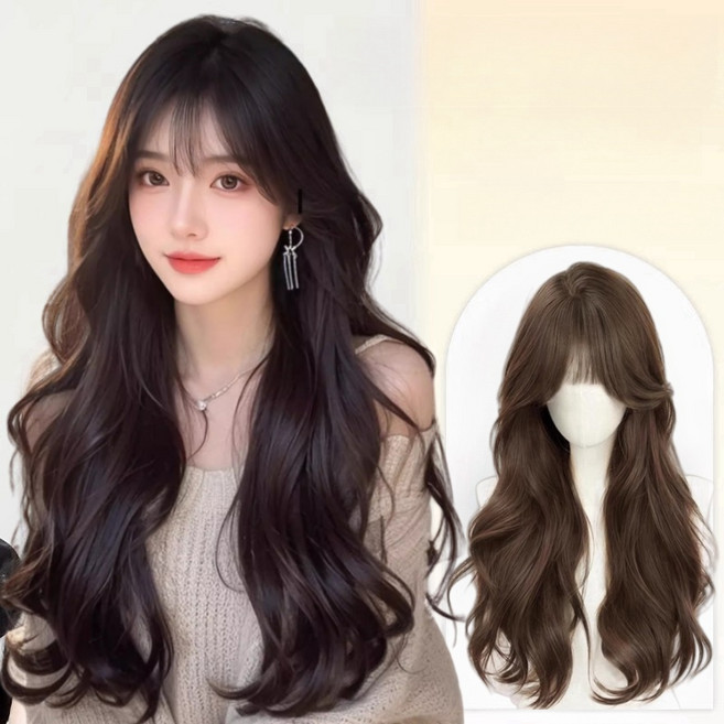 큐엔유 자연스러운 여성 웨이브 패션가발 여신 긴머리 롱 웨이브 통가발, 1개, 브라운