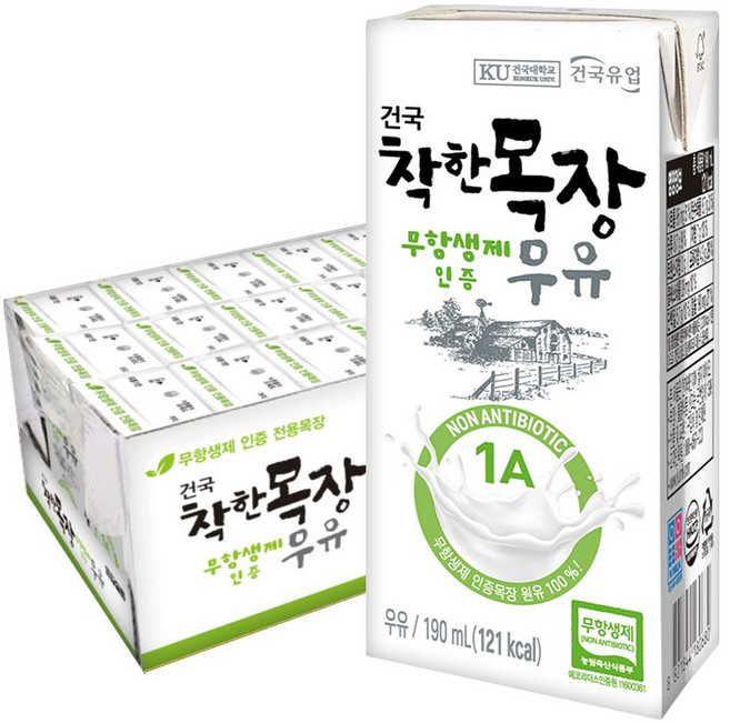 [건국우유] 건국 착한목장무항생제멸균우유 24입, 190ml, 24개