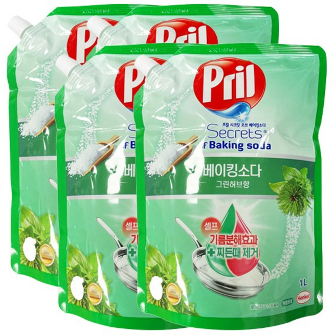 프릴 시크릿 오브 베이킹소다 주방세제 그린허브향 리필, 1L, 4개