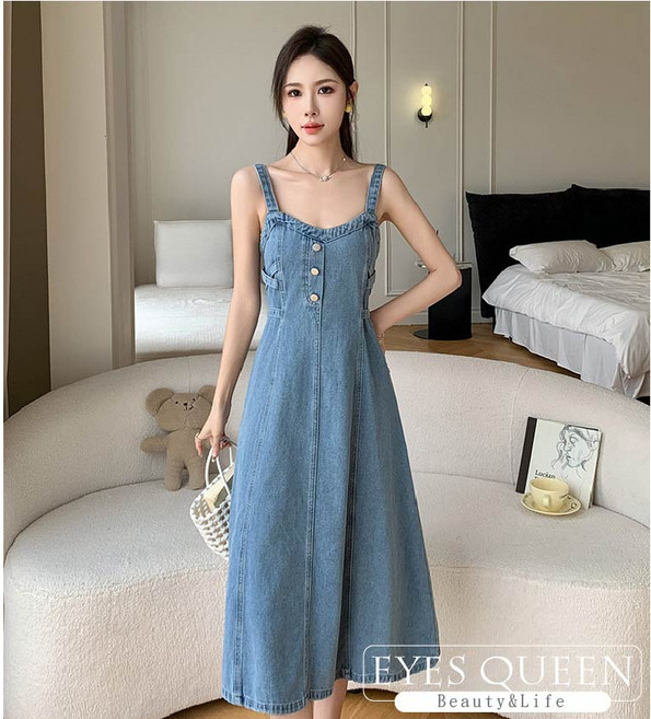 EYES QUEEN 吊帶牛仔連衣裙, 淺藍