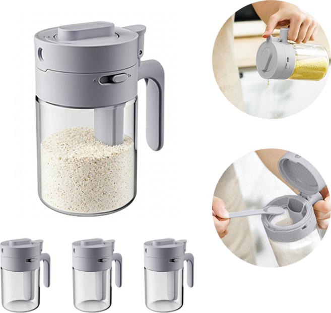 SMABAT 양념통 세트 유리 양념통 300ml 밀폐 조미료통 세트 스푼 포함, 그레이, 4개