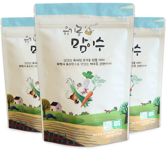 먹놀잼 국산 유기농 100% 맘이수 채수 육수 티백, 채소, 20g, 3개