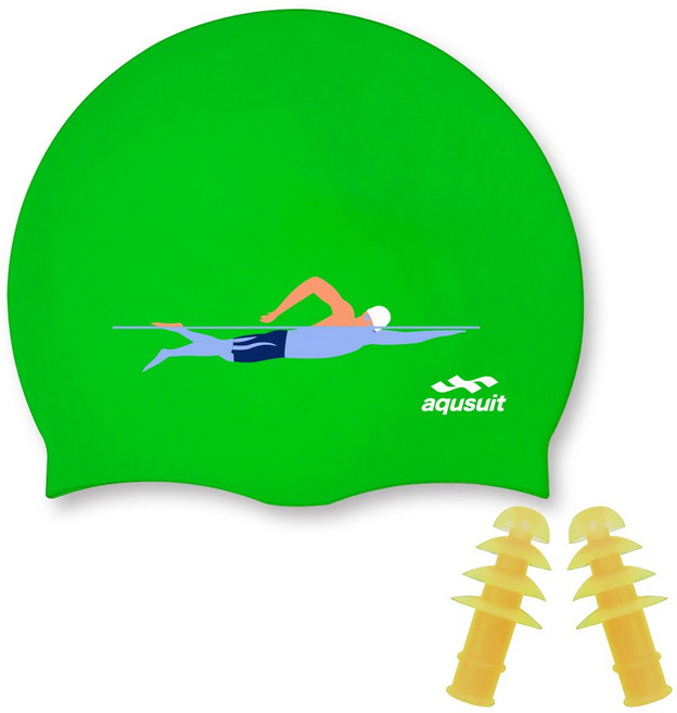 국내생산 아퀴스트 실리콘 스위밍맨 수영모자&귀마개 세트 실내수영장 생존수영용품, (단종)그린(귀마개랜덤), 1개