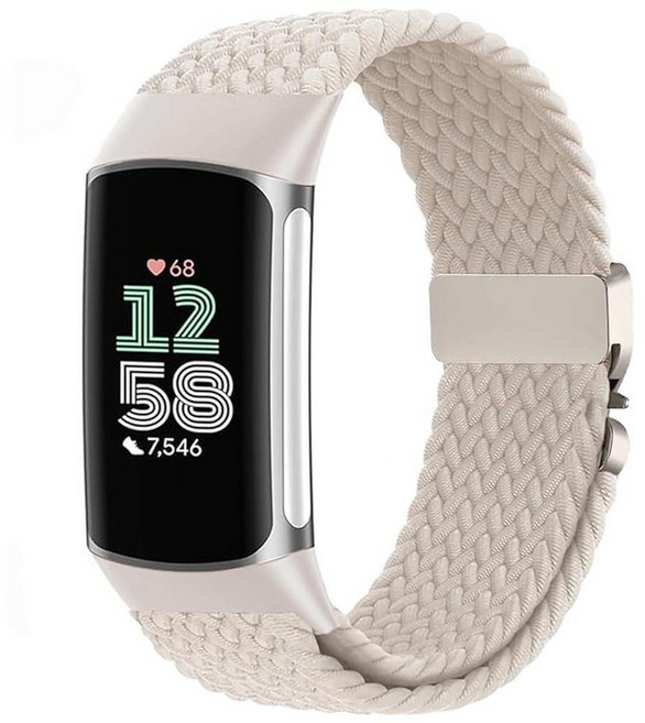 Issinlky Fitbit Charge 6/5와 호환되는 나일론 브레이드 밴드 Fitbit Charge 5/6 여성용 남성용 탄성 밴드, Starlight