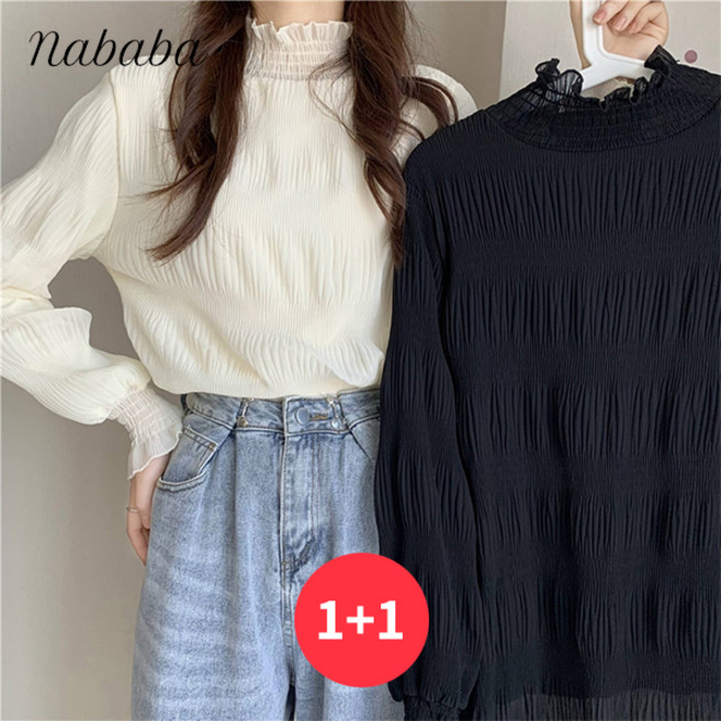 나바바 NB2447 여성 1+1 하이넥 긴팔 스모크 블라우스