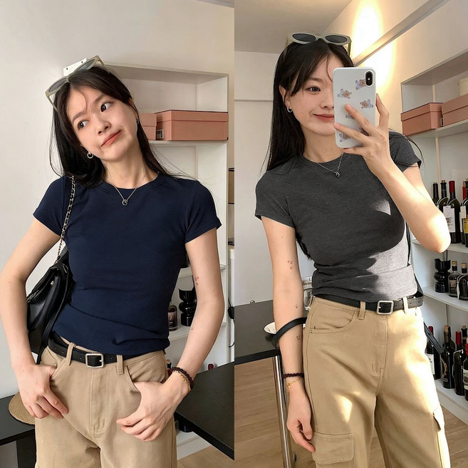 圓領短袖打底衫, 1個, 藏藍色+深灰【實惠兩件裝】2XL(140-160斤)