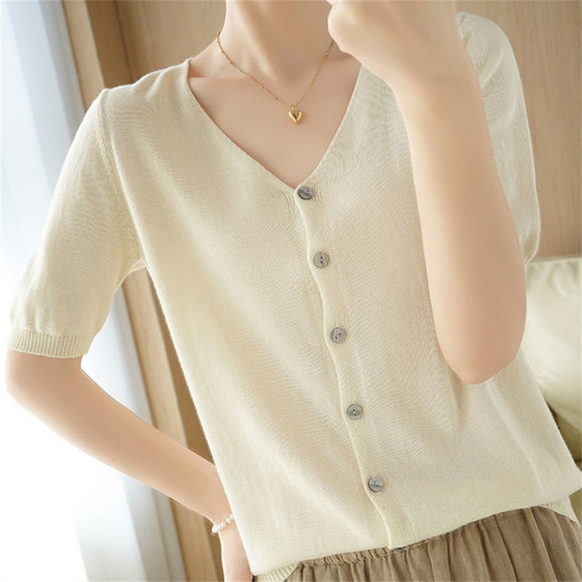 besteffie 여성용 브이넥 버튼 장식 여름 니트 반팔 가디건 심플 패션 봄 가을 탑 빅사이즈 데일리룩 단톤 여자옷 Q55