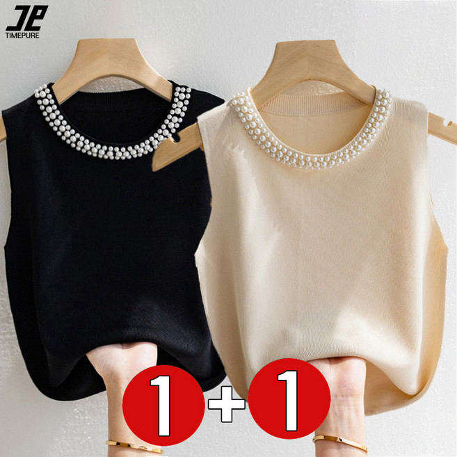 타임퓨어 여성 민소매 니트나시티 1+1 캐주얼 반팔 티셔츠 편안한 반팔티 여름 라운드넥 진주 데일리룩 세트