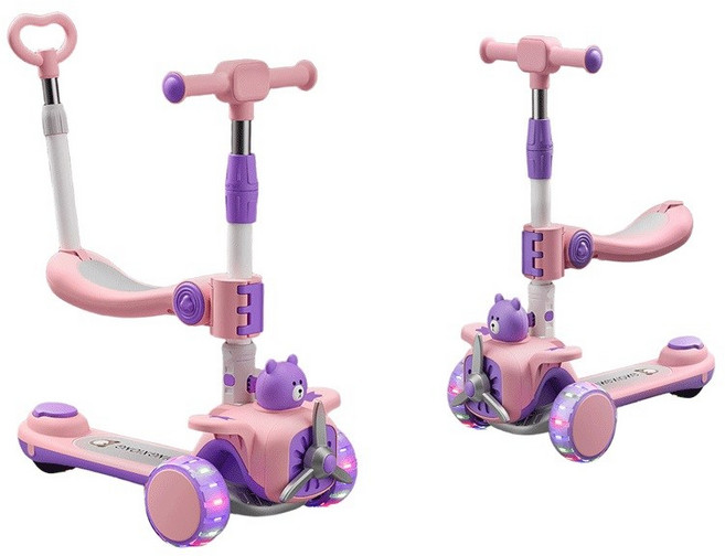 아동용 접이식 발광 킥보드 탈부착식 스쿠터 험머휠, 밀게 손잡이형, 1개, 핑크