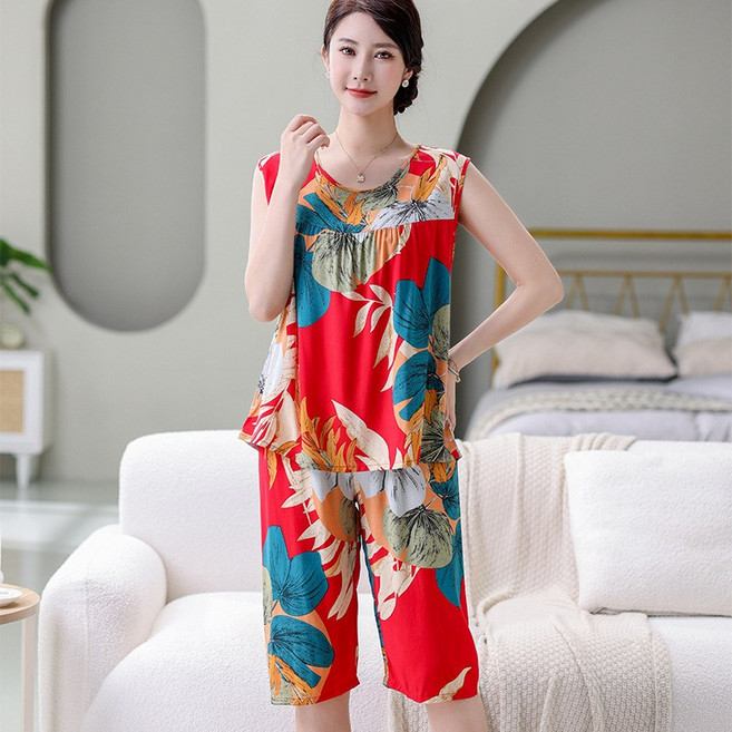 FANSYLI 여름잠옷 인견잠옷 코즈넉잠옷 노브라잠옷 중년 엄마 홈웨어 민소매+5부바지 투피스0528K23