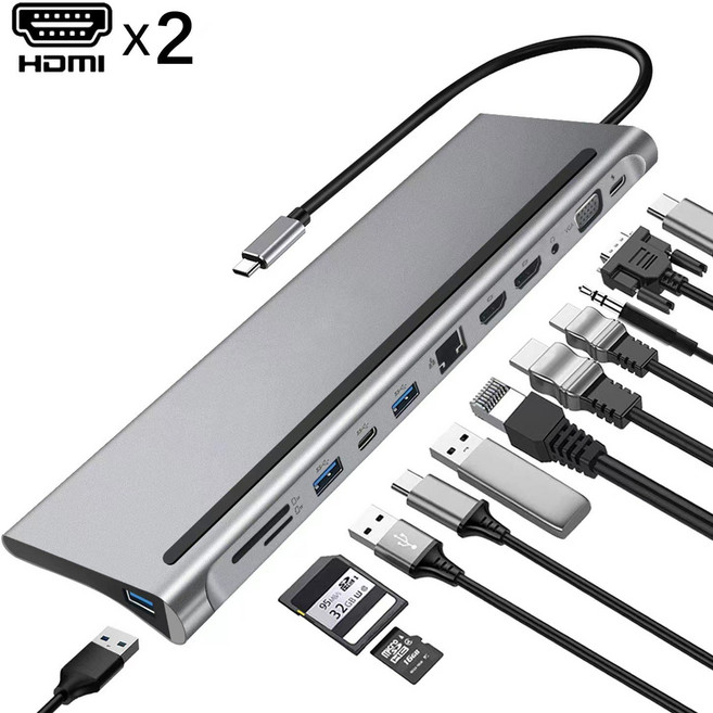 12 in-1 USB C 허브 듀얼 HDMI 4K 유형 C 도킹 스테이션 RJ45 PD 100W 어댑터 VGA 100Mbps 기가비트 이더넷 USB 3.0 허브, 12 in 1, 12 in 1, 1개
