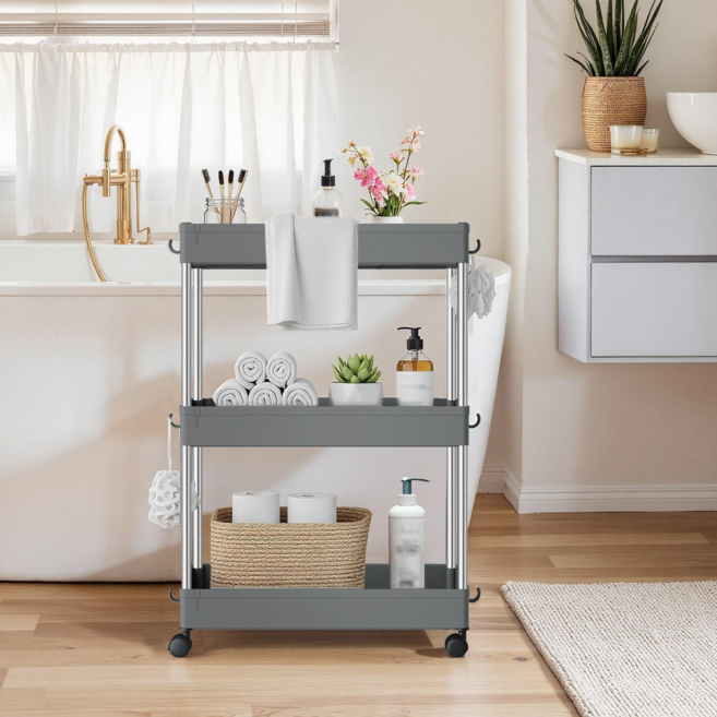 SONGMICS 다용도 이동식 360도 회전 바퀴 플라스틱 틈새 트롤리 욕실 주방 사무실 세탁실용, Gray, 3단