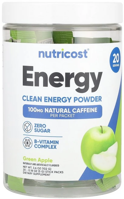 Nutricost Energy 클린 에너지 파우더 그린 애플 스틱팩 20개 개당 5g(0.18oz) Nutricost (뉴트리코스트), 100g, 1개 - 쿠팡